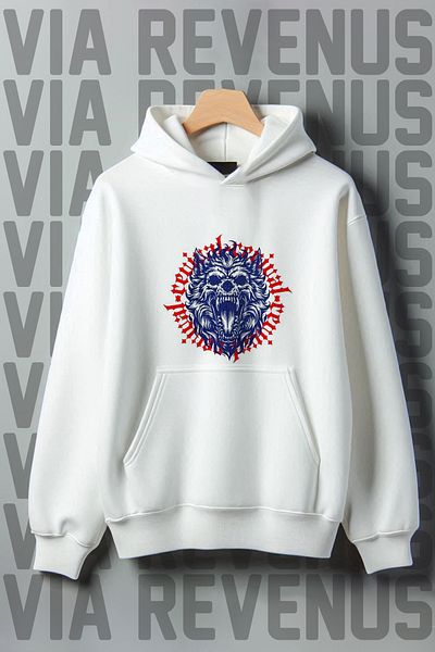 Vordevia White Wolf Printed Wide Fit Sweatshirt - Kangaroo Pocket, 3 Thread Raster