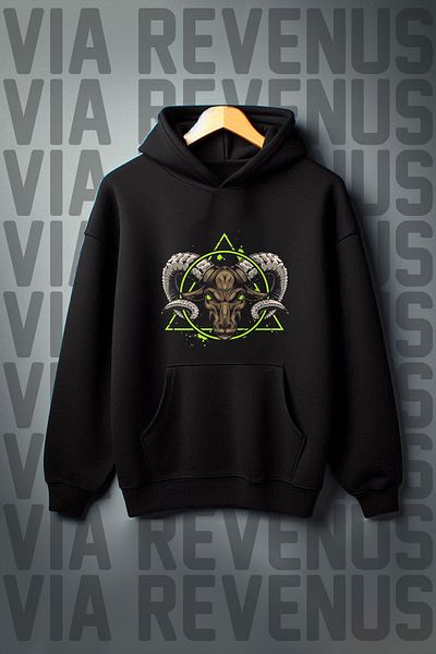 Vordevia Wide Fit Black Hooded Sweatshirt - Ram Printed, Kangaroo Pocket, 3 Thread Raster