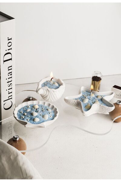 LALEZEN HOME Mavi İnci Tozu Mumlu Deniz Kabuk Modeli 3lü Set