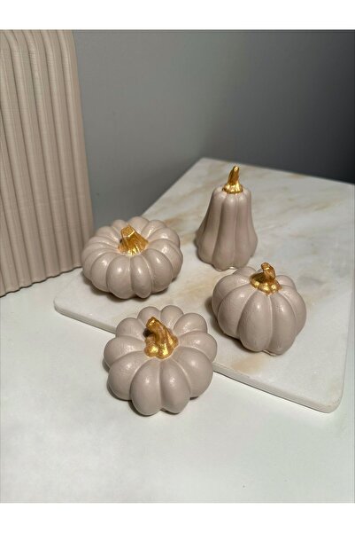 Bautinq Store Dekoratif 4 Lü Balkabağı Set Beton Obje Biblo Süs Kabağı Bej Kabak