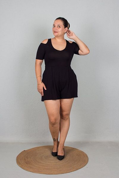 Truva XXL Black Shorts Jumpsuit - Plus Size, Shoulder Detail