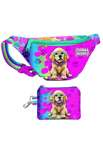 Coral High Girl's Purple Pink Dog Patterned Waist Bag and Wallet Set