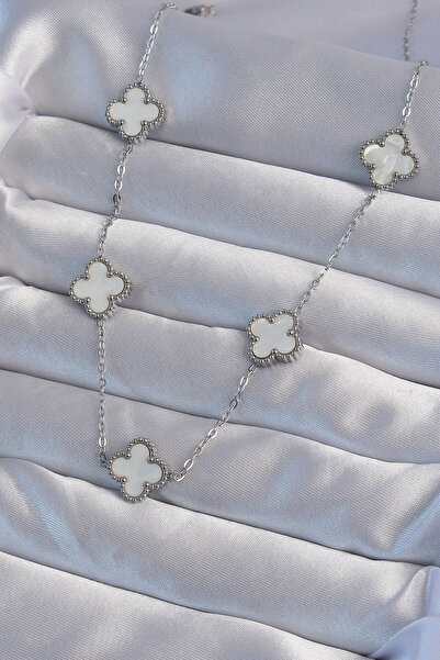 callerrons accessories 316L Silver Clover Necklace with White Pearlescent - E...
