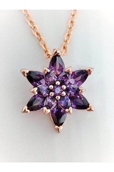 Aurora Jewelry Kadın Rose Gold Zincir Kaplama Zirkon Taşlı Mor Lotus Çiçeği K...