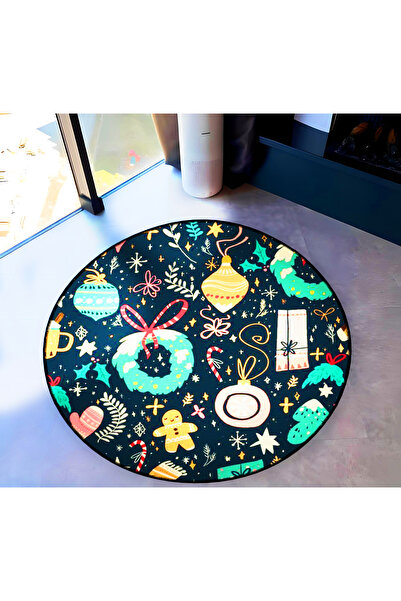 Rugs Modern Halı Mira Round Multicolored Cookie Man and New Year Ornaments Pa...