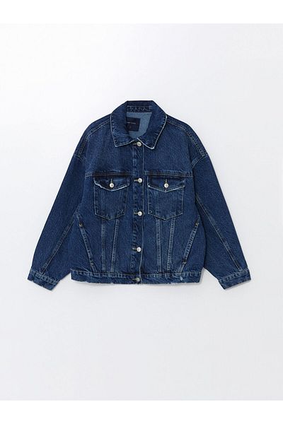 LC Waikiki Guler cămașă, cu mânecă lungă, supradimensionată, jachetă de jeans pentru femei