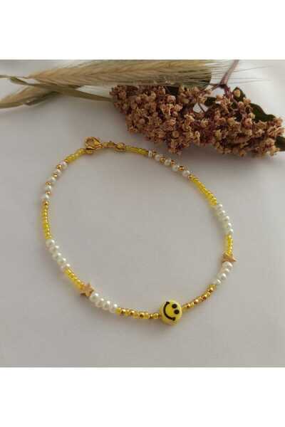 Simge Gümüş Face and Star Pearl Smiling Figured Anklet