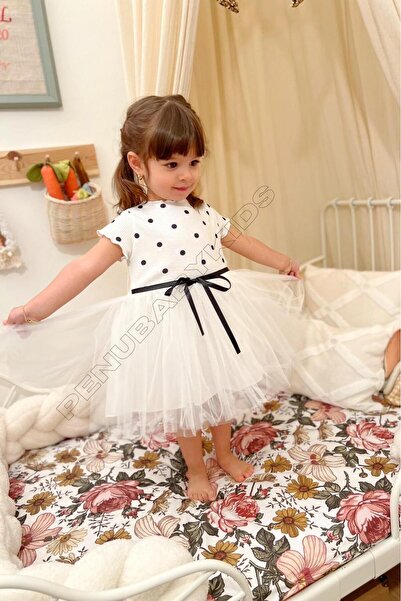penu baby kids Beyaz Puantiyeli Tütülü Kısa Kol Kız Bebek Elbise - Emily