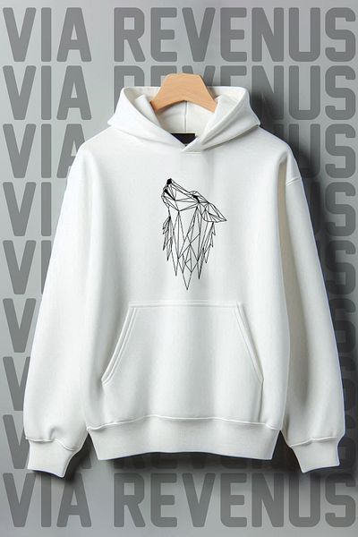 Vordevia White Wolf Printed Wide Fit Sweatshirt - Kangaroo Pocket, 3 Thread Raster