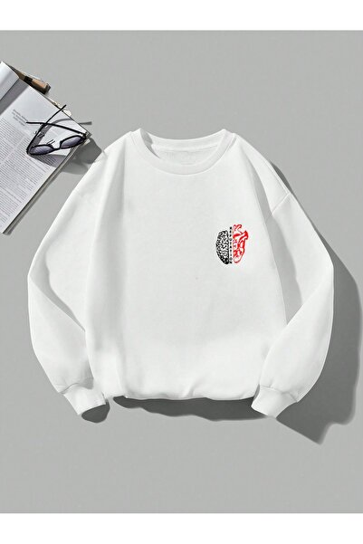 Fun Fashion Hanorac unisex alb, supradimensionat, din bumbac gros, cu imprime...