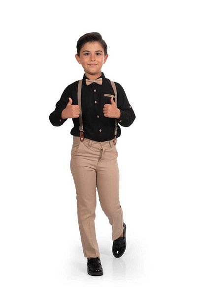 renkli diyar Long Sleeve Shirt and Trousers Set for Boys - Set of 4 in Bow Tie and Suspender Bilrilde