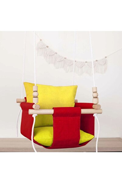 mammoly Sarı Kırmızı Ahşap Çift Yastıklı Bebek Çocuk Ev Salıncağı