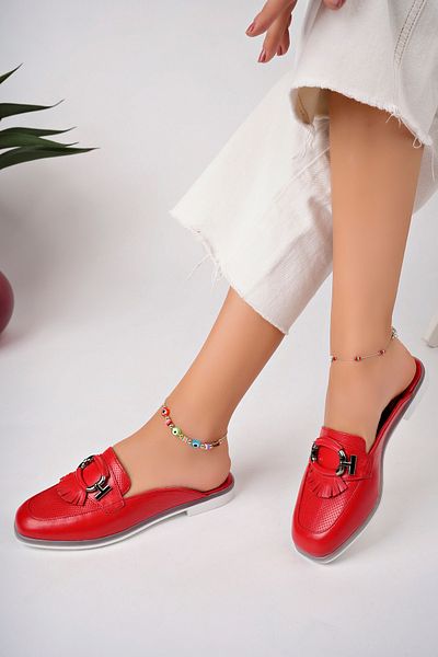 Akgün Terlik Women's Genuine Leather Red Buckle Detail Slippers