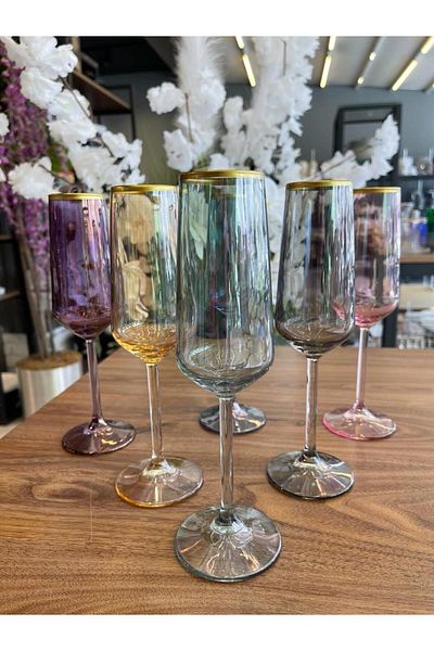 Paşabahçe Okyay Home Allegra 6 Pieces 195cc Gilded, Colored Coffee Side Glass Water Cup Gift Dowry Holder