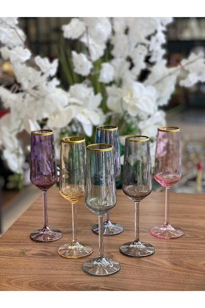 Paşabahçe Okyay Home Allegra 6 Pieces 195cc Gilded, Colored Coffee Side Glass Water Cup Gift Dowry Holder