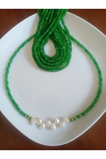 Mudita Tasarım Rondela kesim yeşil akik , orijinal doğal tatlı su incisi tasarım kolye