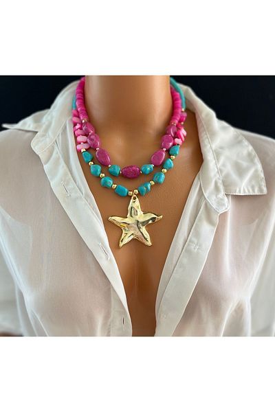 Limi Design Gold Star Accessory - Turquoise and Bead Design Necklace