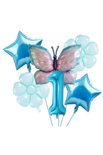 DÜVENCİ TİCARET Blue Number Butterfly Foil - Age Balloon Set with Balloons
