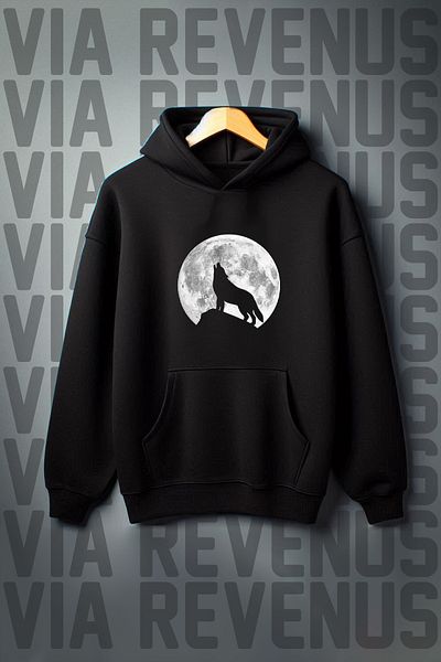 Vordevia Wide Cut - 3 Thread Black Hooded Sweatshirt: Gray Wolf and Kangaroo Printed