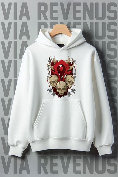 Vordevia White Hooded - Skull Printed Wide Fit Sweatshirt