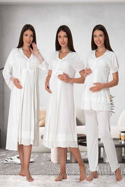 Effortt May Collections 8026 Ecru Color Nightgown Dressing Gown Pajamas Set of 4