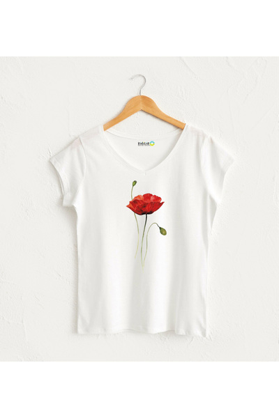 Kidilia Gelincik Çiçekli V Yaka Kadın Tasarım T-Shirt