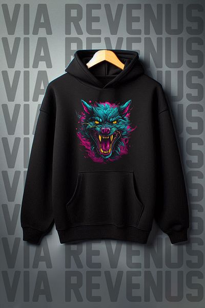 Vordevia Black Wolf Printed Oversize Hooded Sweatshirt - Kangaroo Pocket, 3 Thread Raster