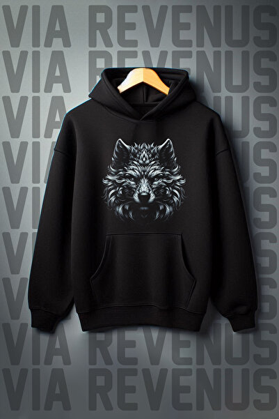 Vordevia Hanorac negru cu glugă - imprimeu lup, buzunar cangur, raster cu 3 fire, potrivire largă