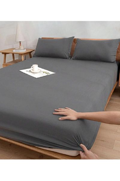 GENÇEV HOME COLLECTİONS Gray Double 160x200 30 cm Elastic Sheet - with 2 Pillowcases