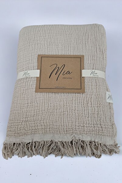 Mia HoMe&baby Oversize Bedspread - Pique 4 Layers Muslin Beige/ecru Colored, 100% Cotton Fringed