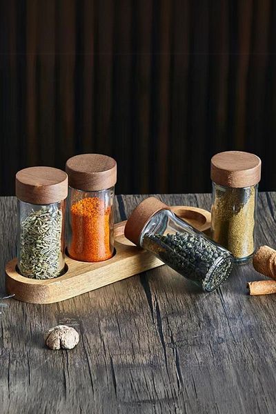 Meturas 4-piece Acacia and Glass Spice Rack Set - with Stand
