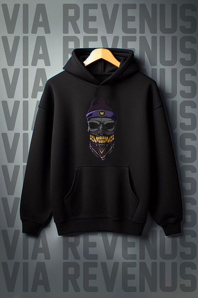 Vordevia Kangaroo Printed - 3 Thread Black Hooded Oversize Sweatshirt