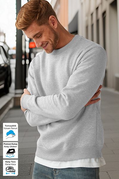 BESSA Men's Gray Crew Neck Cotton Sweatshirt - Relaxed Fit