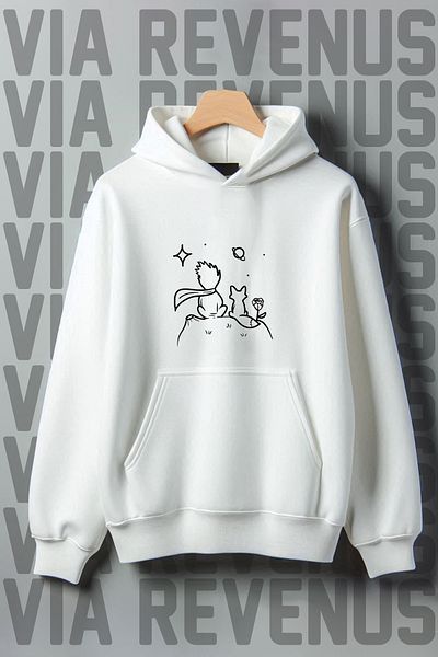 Vordevia White Hooded Sweatshirt - Wide Fit, 3 Thread Raster, Little Prince Printed Kangaroo Pocket
