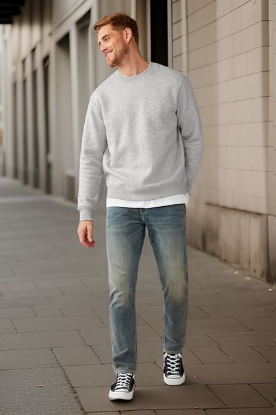 BESSA Men's Gray Crew Neck Cotton Sweatshirt - Relaxed Fit