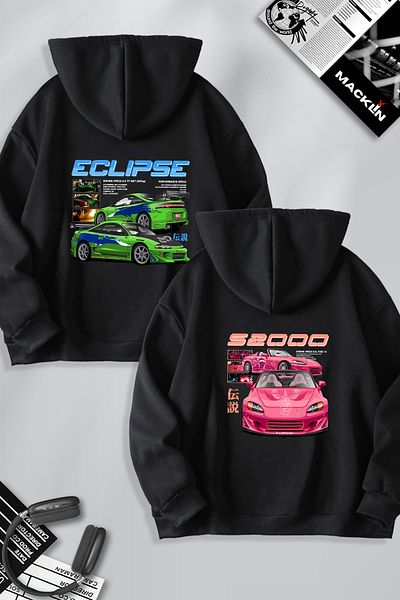 macklin Eclipse and S2000 Back Printed Fast and Furious Hooded Sweatshirt Set of 2 - Lover Couple Combination