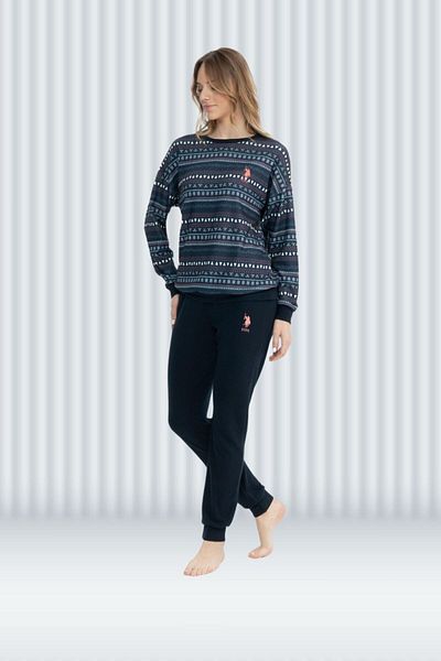 U.S. Polo Assn. Set de pijamale pentru trening pentru femei, albastru bleumarin, cu gât rotund, iarna 2025