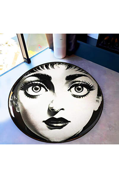 Rugs Modern Halı Round Black Beige Women's Large Eye and Face Themed Woven Ba...