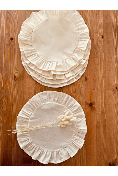 White Alamode Natural Raw Linen Frilly Round American Service Set of 6 40x40cm
