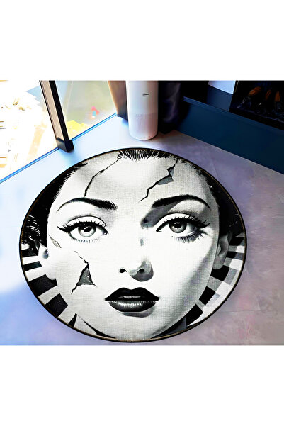 Rugs Modern Halı Round Broken Woman Face Patterned Woven Base Washable Carpet...