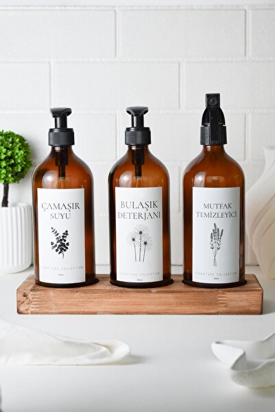 LALEZEN HOME Kahverengi Ahşap Stantlı Çiçekli Etiketli Bulaşık Çamaşır Suyu M...