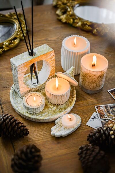 ersu store Oda Kokusu Cam ve Beton Bardak Soya Wax Tealight Mum Seti