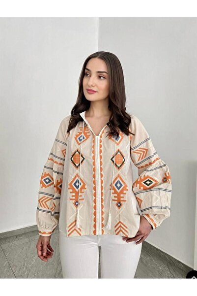 Ateilerdijle Ethnic κεντημένη βαμβακερή μπλούζα