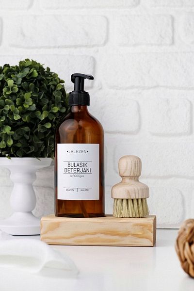 LALEZEN HOME Κεχριμπάρι μπουκάλι με ξύλινη βάση, βούρτσα και ετικέτα απορρυπαντικού πιάτων
