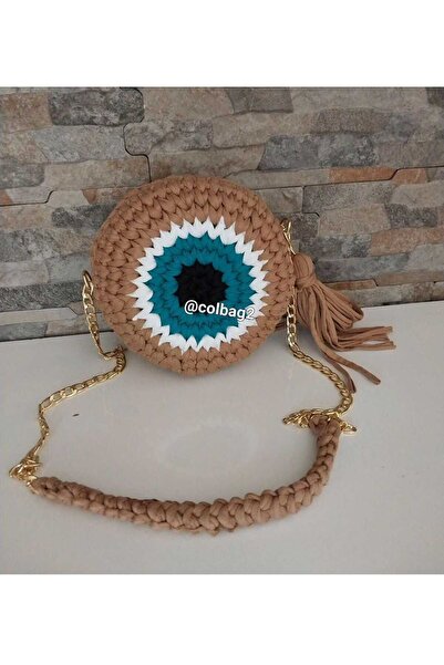 KRİSTAL ÖRGÜM Nazar Boncuğu Desenli Makaron Model El Örgüsü Çanta