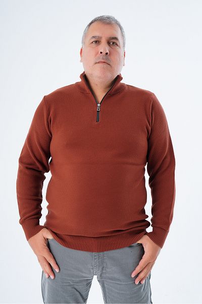 Trist Star Men's Plus Size Brick Color Brass Knit Sweater - Stand Collar, Zippered Trist-2113