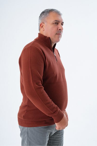 Trist Star Men's Plus Size Brick Color Brass Knit Sweater - Stand Collar, Zippered Trist-2113
