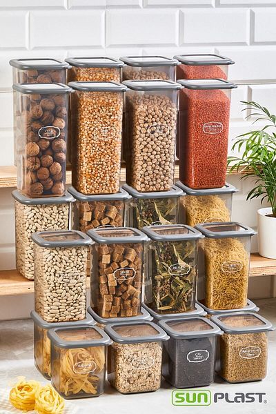 Sunplast ROYAL Set of 24 Square with Label Square Food Storage Container X8(800ML-1200ML-1600ML)Jar with Hard Lid