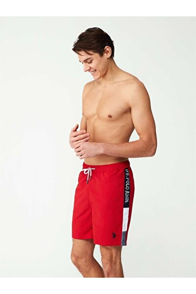 U.S. Polo Assn. - شورت سباحة طويل أحمر للرجال 23005