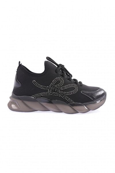 DGN 218 Women's Black Sneakers - Stretch Lace-up with Silver Stone Detail